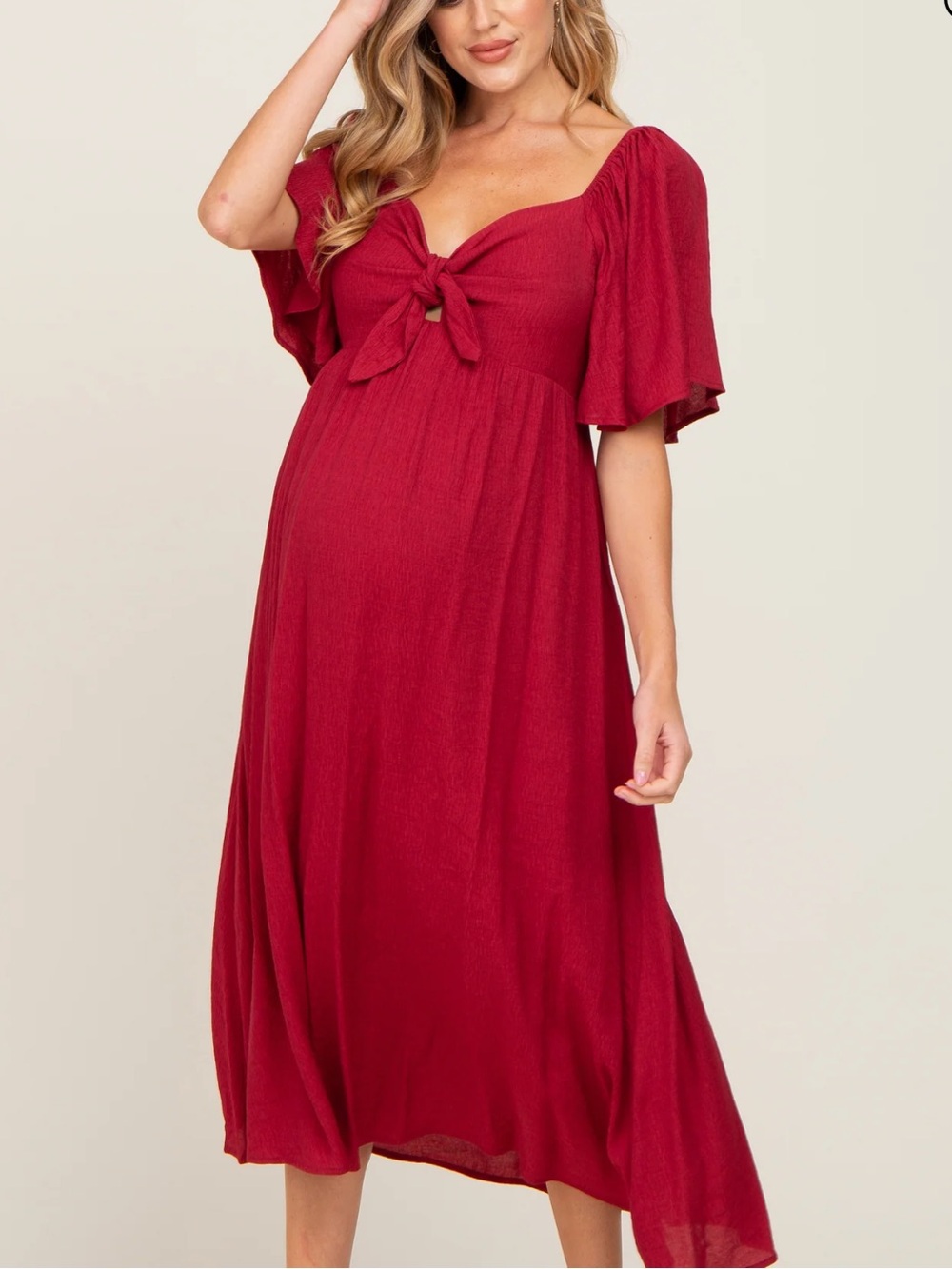 Pinkblush Red Tie-Front Flutter Sleeve Maternity Midi Dress size large